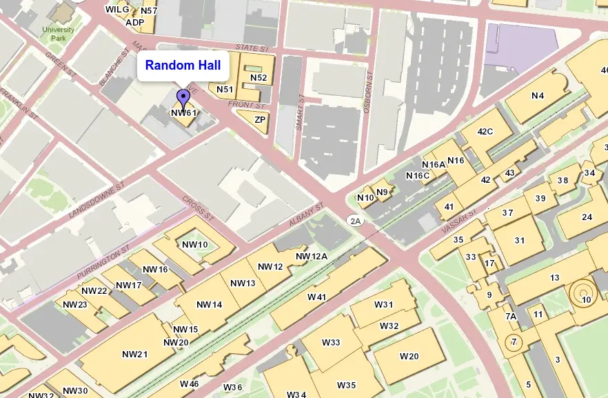 map showing random hall to the north of MIT campus